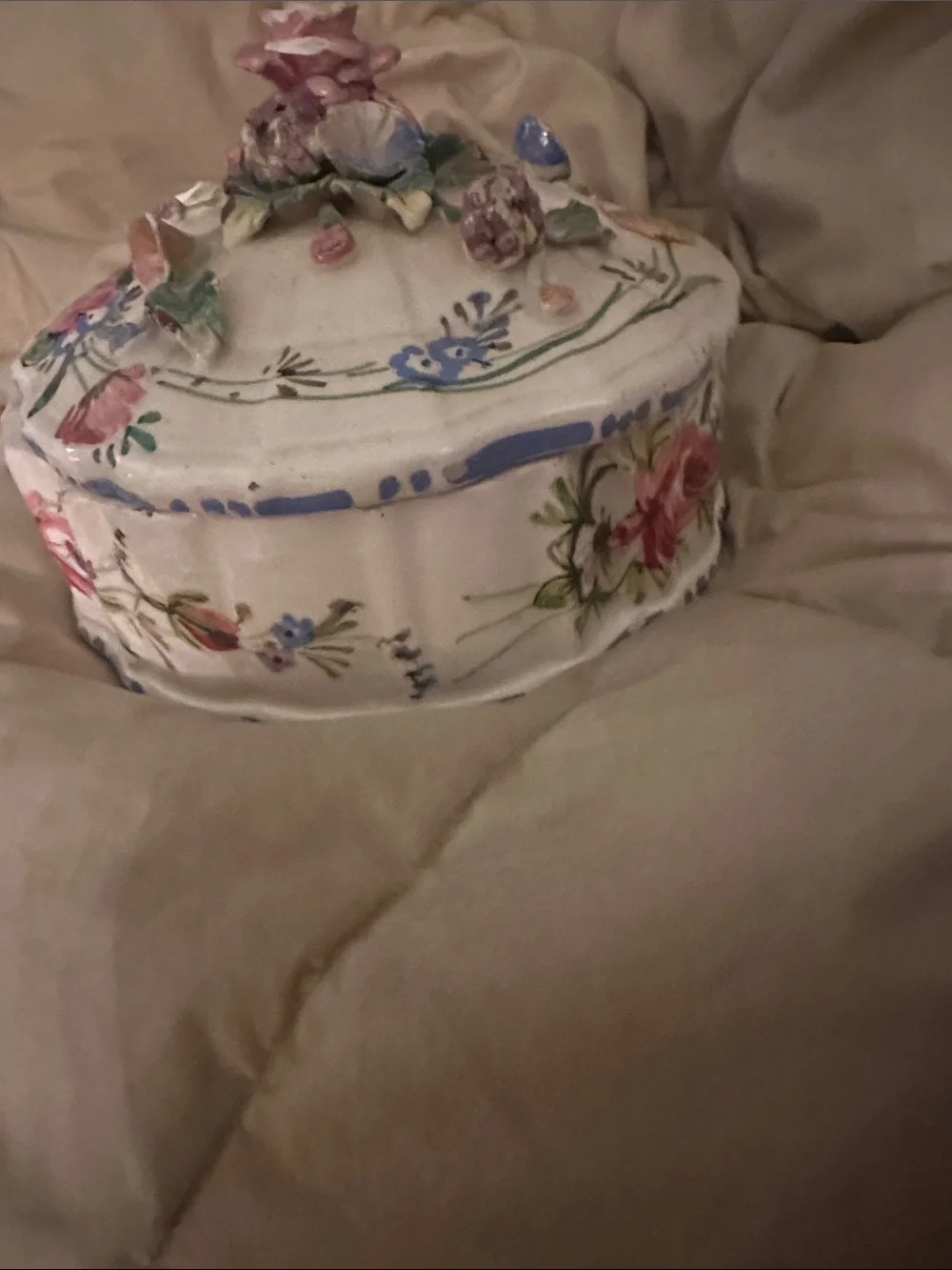 Hand-Painted Floral Porcelain Trinket Box - Cream with Multicolor Flowers